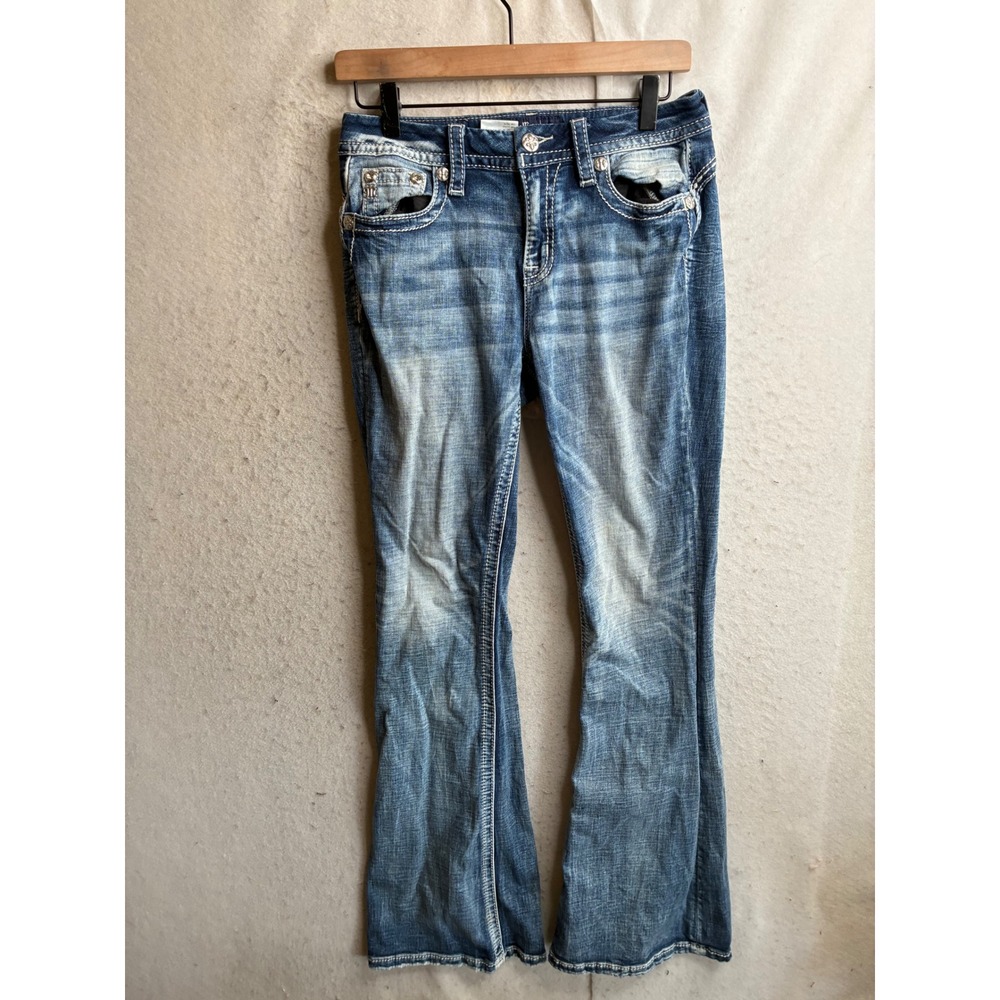 Miss Me Curvy Flare Jeans Medium Wash Embroidered Studded E3881VF2L Size 27